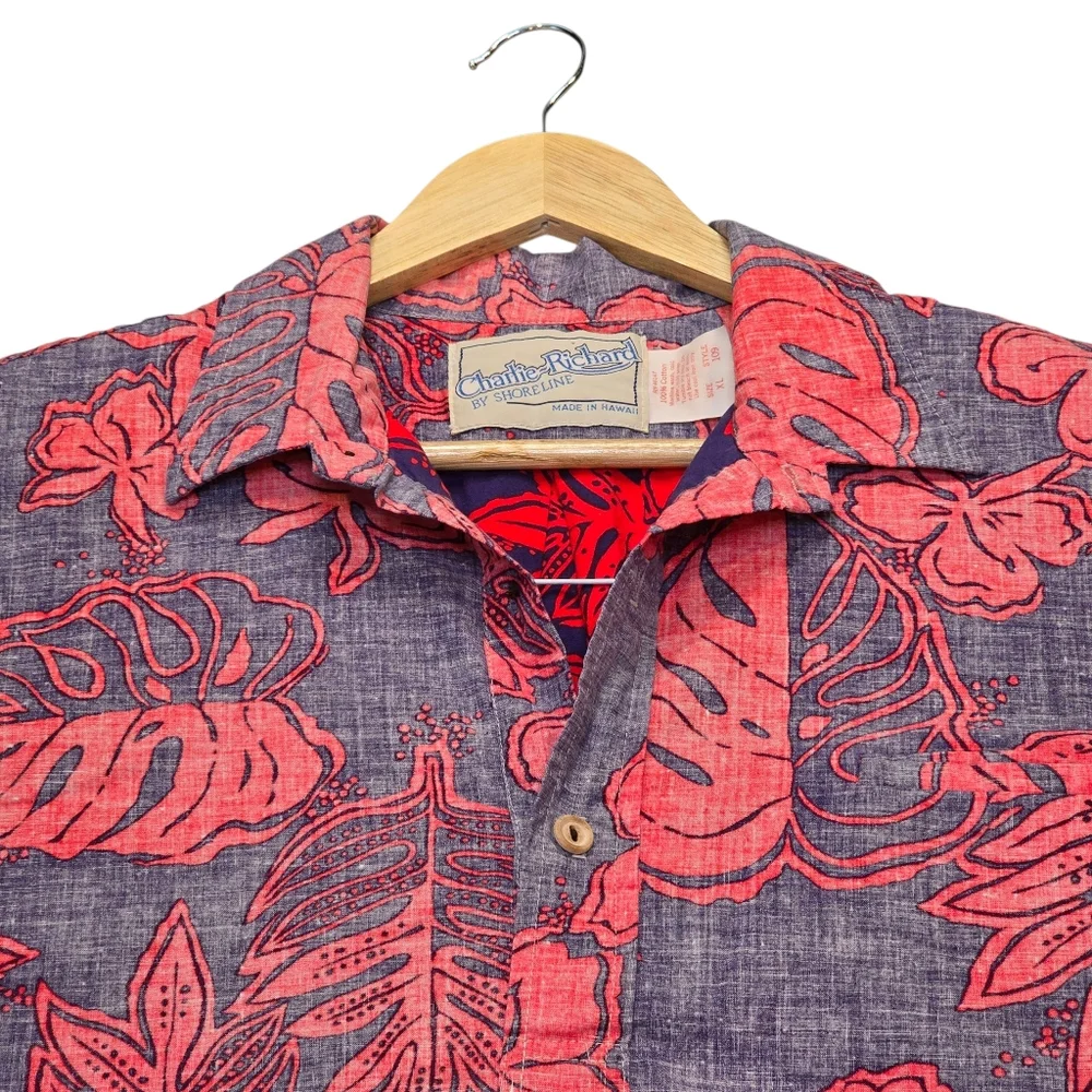 VTG Charlie Richard Shoreline Red/Blue 1/4 Button Up Hawaiian Shirt, Men's Sz XL